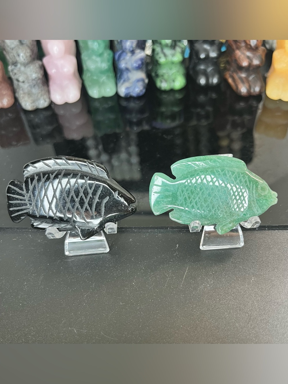 Black and Green Crystal Fish Carvings